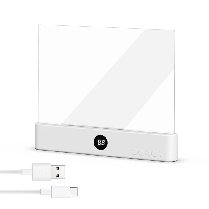 White electronic device with digital display and USB cable on a white background